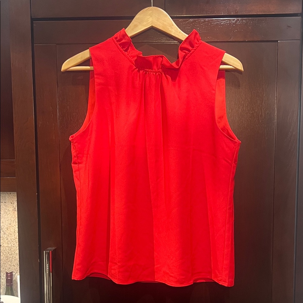 J CREW WMNS RED SLEEVELESS BLOUSE RUFFLE NECK TOP LINED SIZE MEDIUM